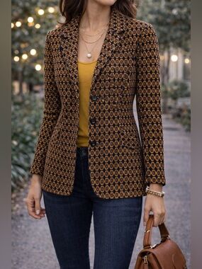 Cabi Geo Jacquard Knit Blazer Small Yellow Navy Stretch Button Front Jacket